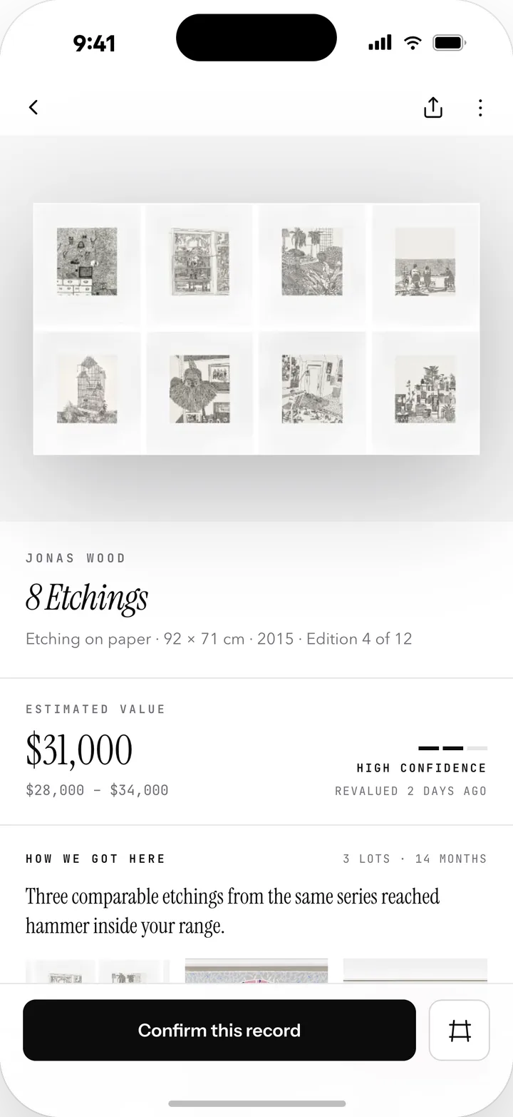 An artwork record on iPhone: the work, its estimate range and the lots it was measured against.