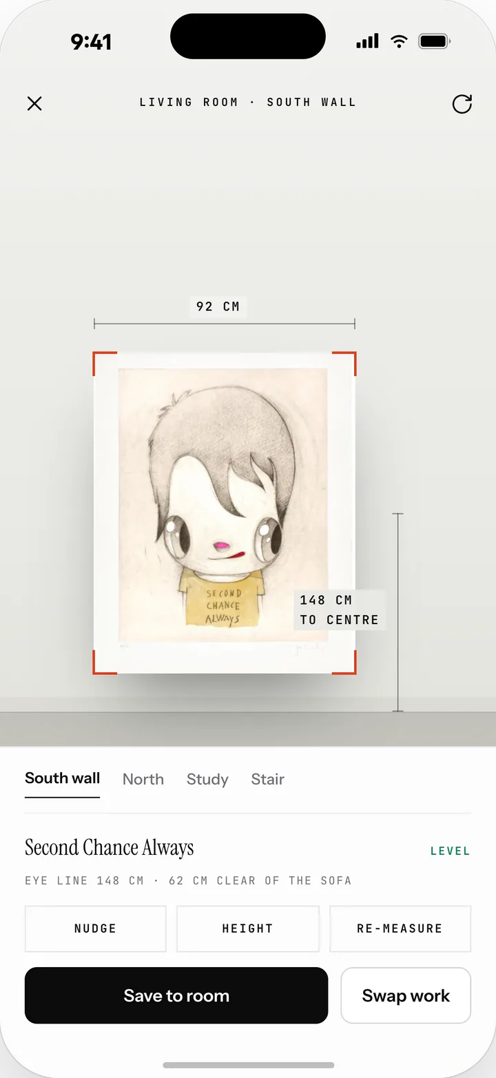 Wall placement on iPhone: a work held against a real wall with its span and height to centre.